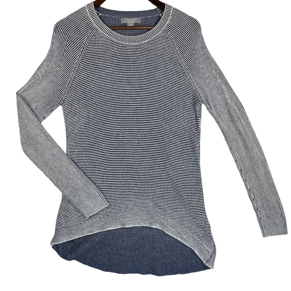 JANA Womens Hi-Low Pullover Sweater SZ LG Blue White Striped Raglan Crew EUC